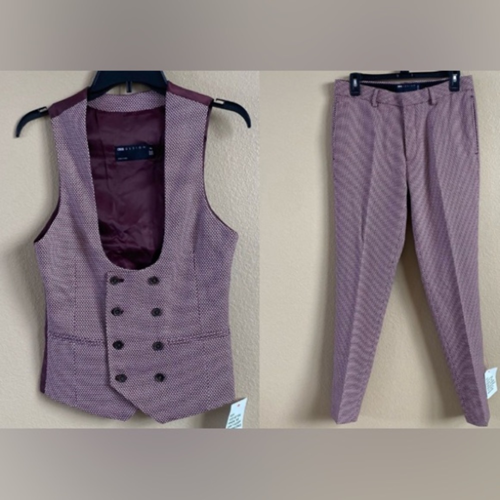 ASOS New‎ Wedding Super Skinny Vest 32 and Pants 31x30 Wine Birdseye Texture